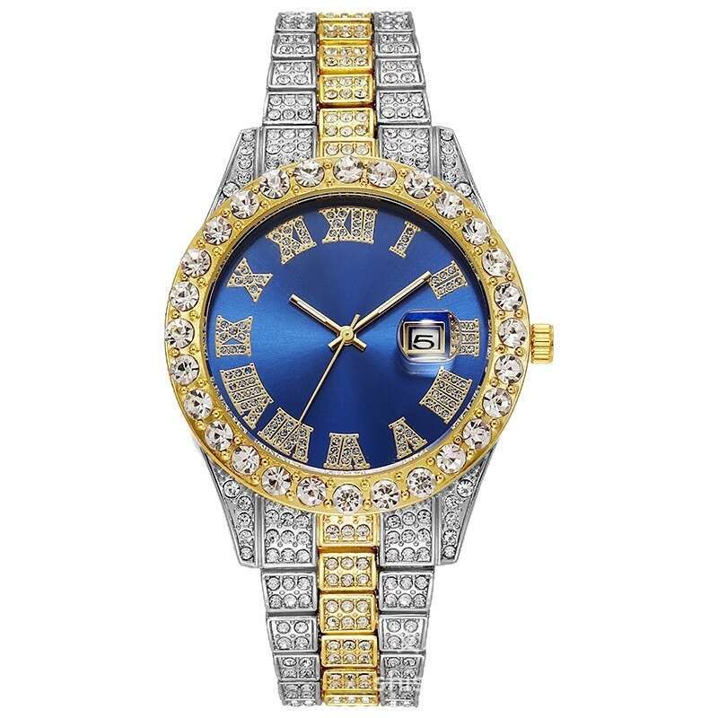 Men's Hip-Hop Trendy Fashion Large Dial Export Hot-Selling Diamond-Studded Cuban Chain Watch Set YYMY Wholesale