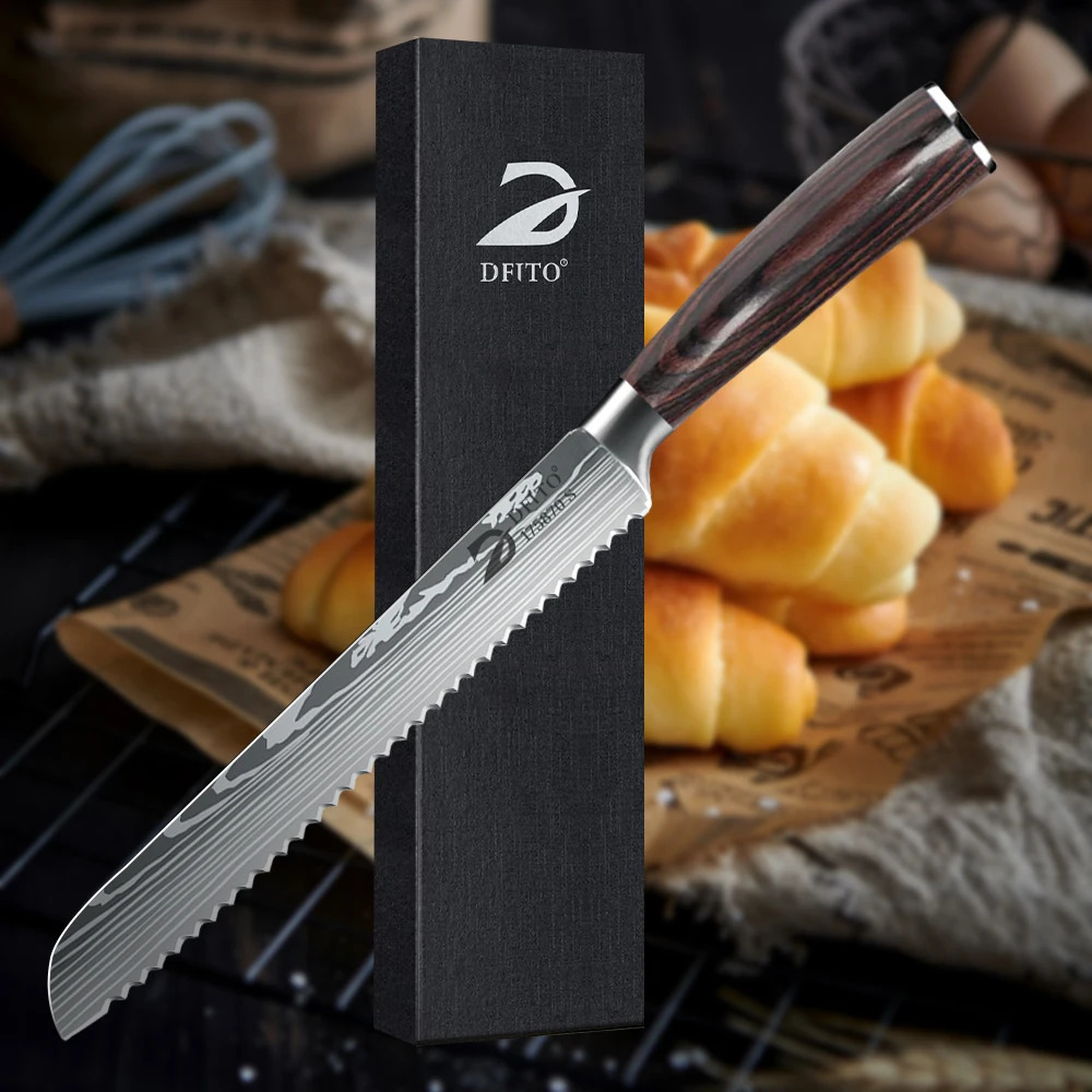 MDHAND Kitchen Bread Knife Serrated n Laser Damascus Knives 7CR17 Stainless Steel Blade Chef gift box 260403BJ