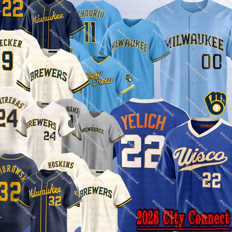 #22 Christian Yelich #12 Rhys Hoskins Brewers Jersey William Contreras Jackson Chourio Freddy Peralta Sal Frelick Custom City Baseball Jerseys