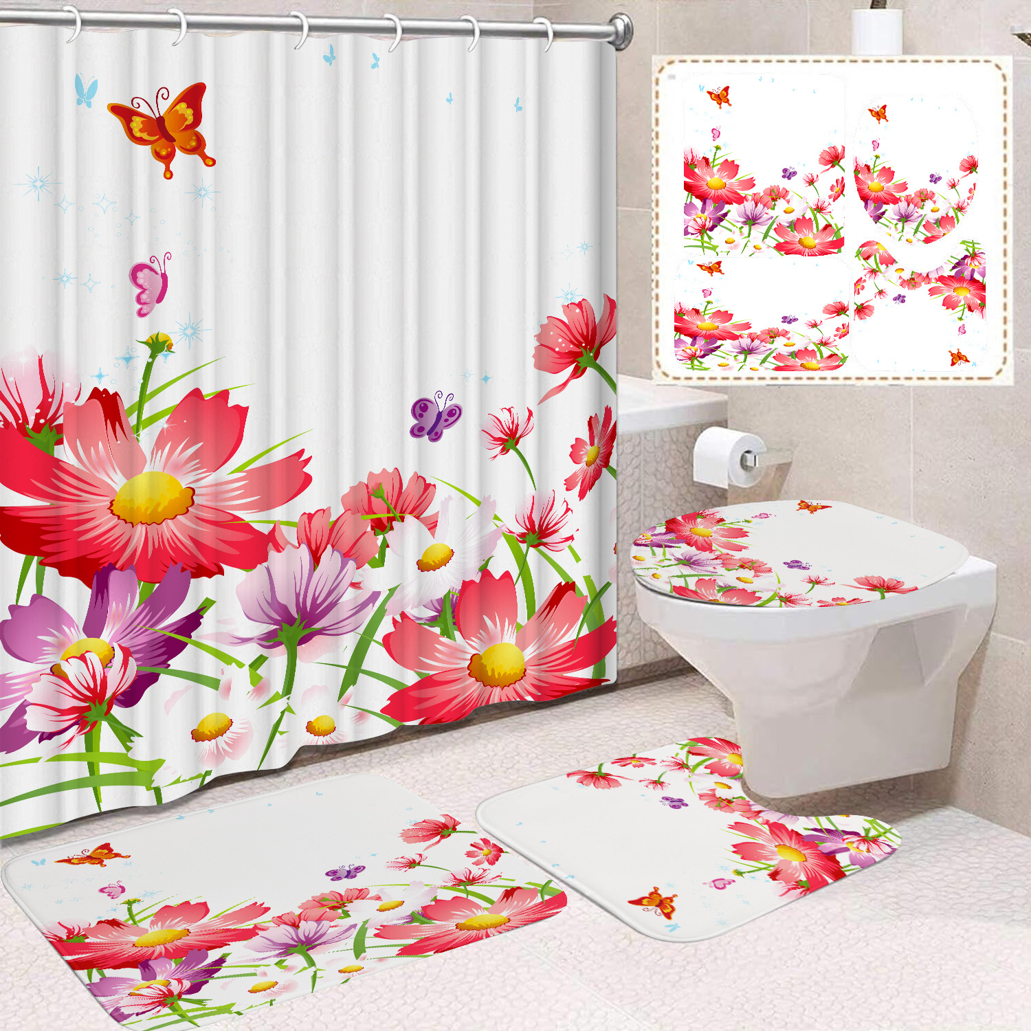 YL-38433 Home Decor Pink Butterfly and Flower Waterproof Shower Curtain Set (Four Pieces) Factory