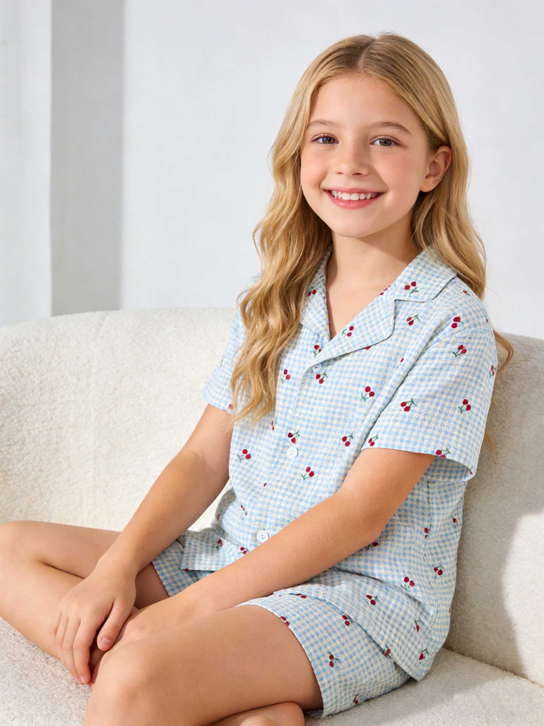 Girls Pajama Home Wear Set Cherry Short Sleeve Pajamas and Shorts Perfect for Summer Sleepover Parties and Nighttime Wear H260403