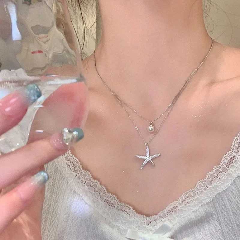 Fashion Silver Color Starfish Imitation Pearl Pendant Necklace for Women Simple Double Layered Clavicle Chain Necklace Jewelry H260403