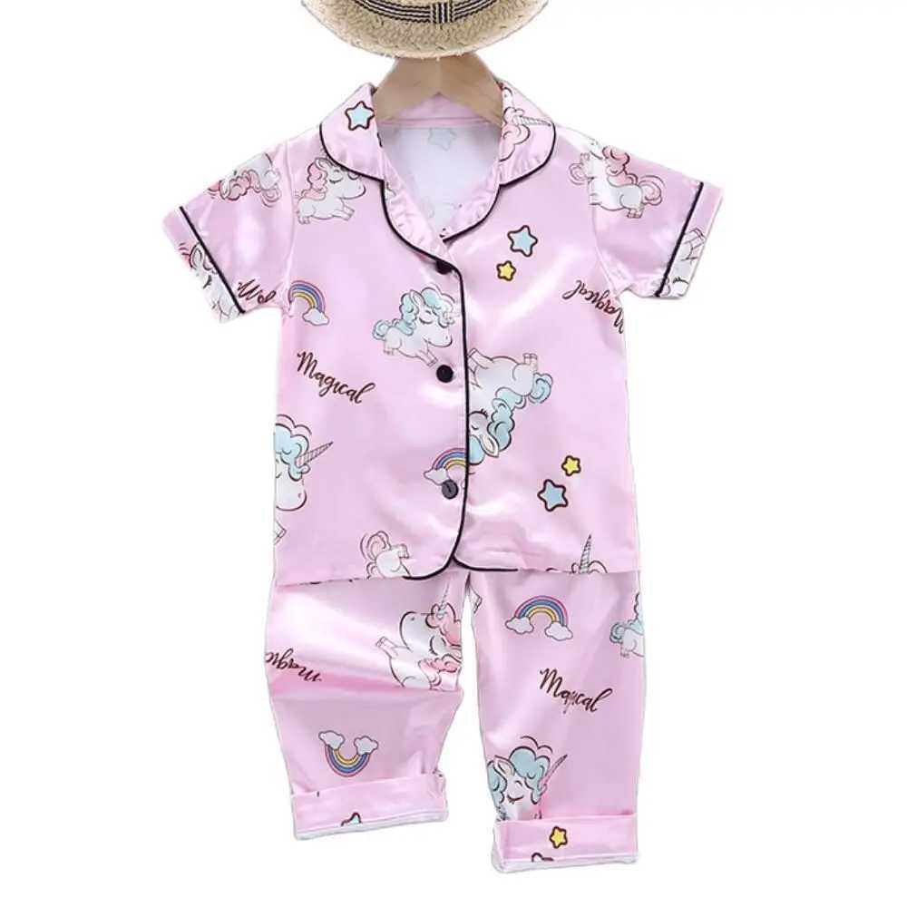 Girls Pajamas Pants Set Summer Air-Conditioned Clothing Toddler Boys Lce Silk Satin Cartoon Unicorn Nightgown 2pcs Outfit H260403