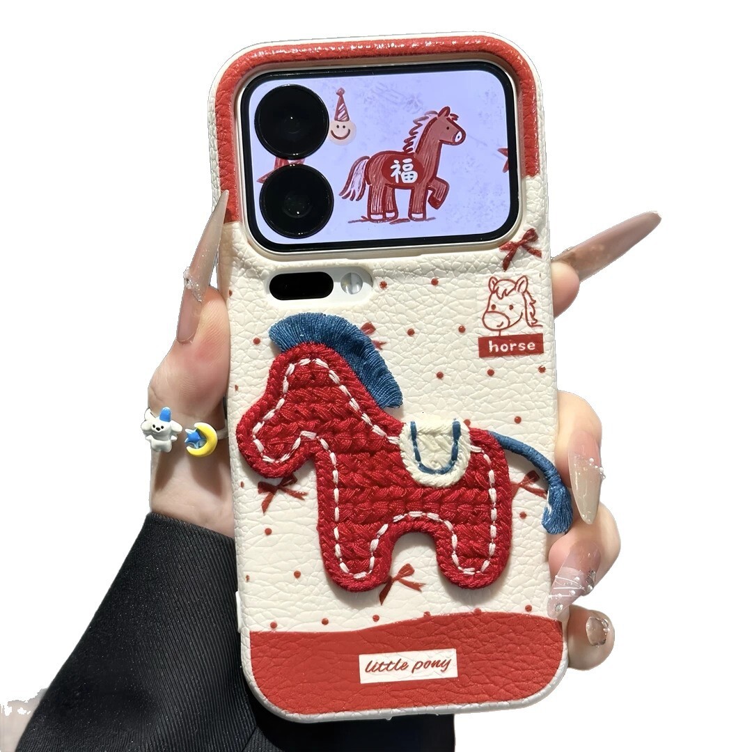 Luxury Designer 3D Embroidered Pony Phone Case Premium Red Horse Leather Texture Protective Shell For Applicable To Iphone17 High-end Fashion Accessor
