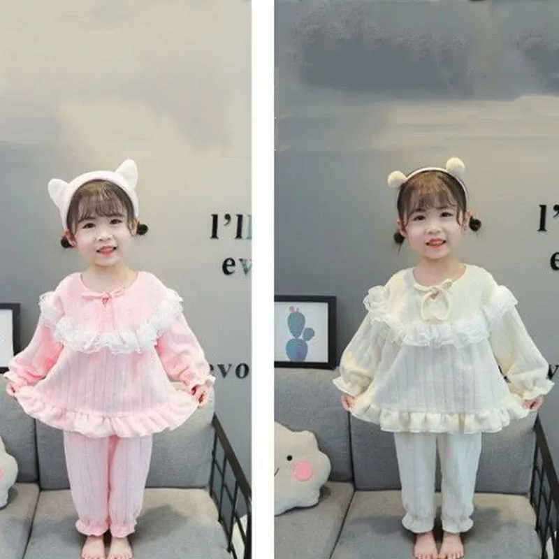 Cute Sweet Style Girls Pajamas Set Childrens Thickened Warm Long-sleeved Home Clothes Baby Girl Solid Color Pullover Pajamas H260403