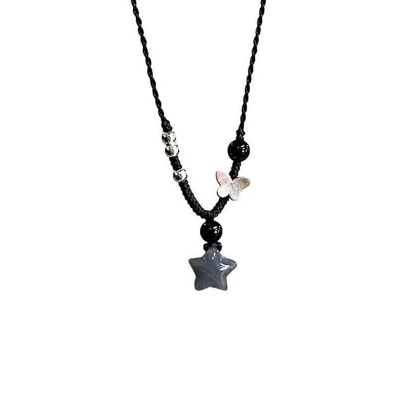 Vintage Handmade Woven Black Five-Pointed Star Pendant Necklace Women Charm Temperament Butterfly Beading Clavicle Chain Jewerly H260403