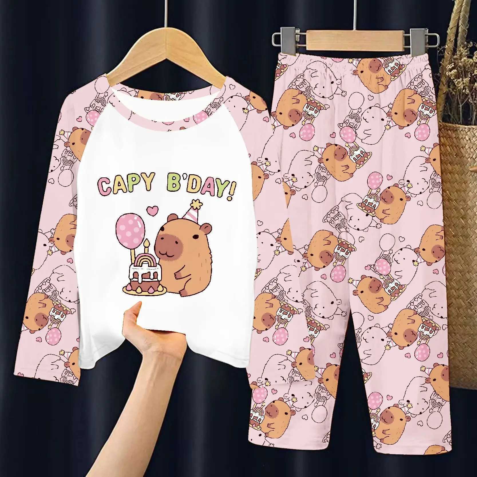 Capibara Pajamas Pants Set Kids Anime Capybara Nightgown Trousers Girls Boys Spring Autumn Home Clothes Children Long Sleeves H260403