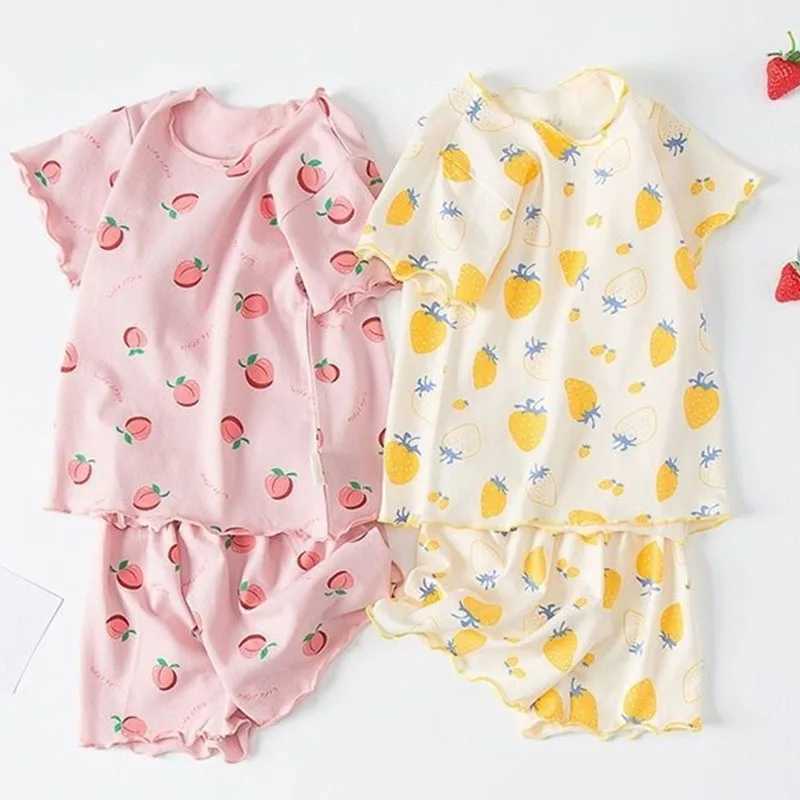 Girls Summer Pajama Set Strawberry Print Shorts Pink Peaches Tee Baby Cool Comfort Homewears Soft Breathable Sleepsuits for Play H260403