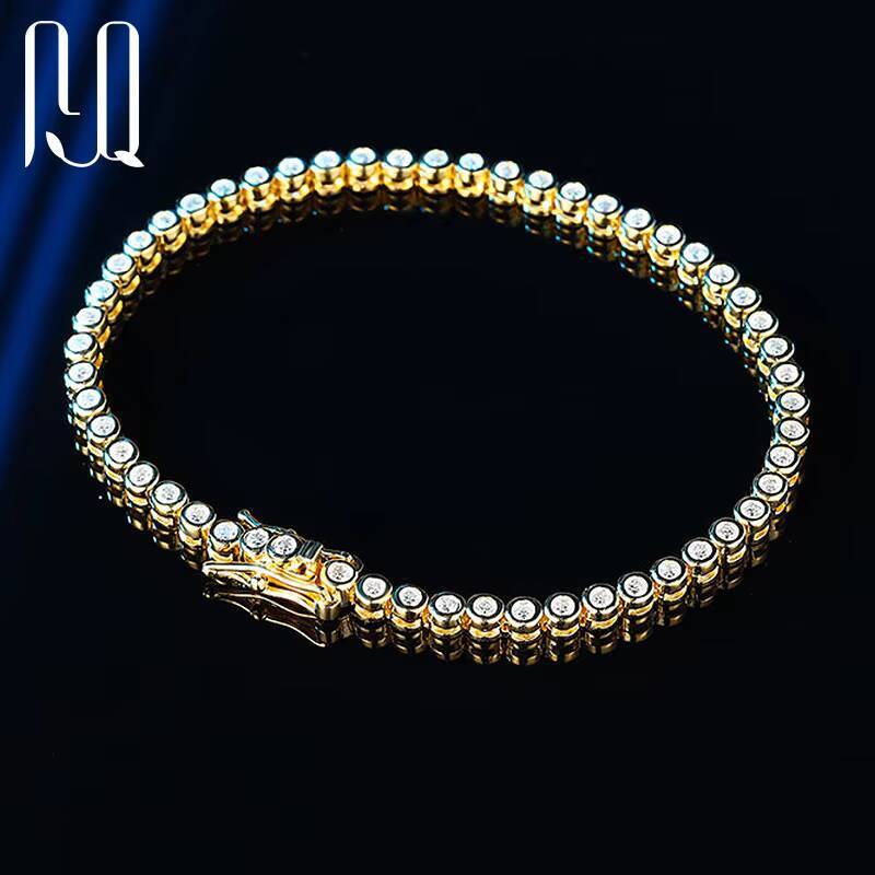 PYQ 2mm Bezel-Set VVS Moissanite Tennis Bracelet Chain with 18K Gold Plated Women 925 Sterling Silver Moissanite Tennis Bracelet