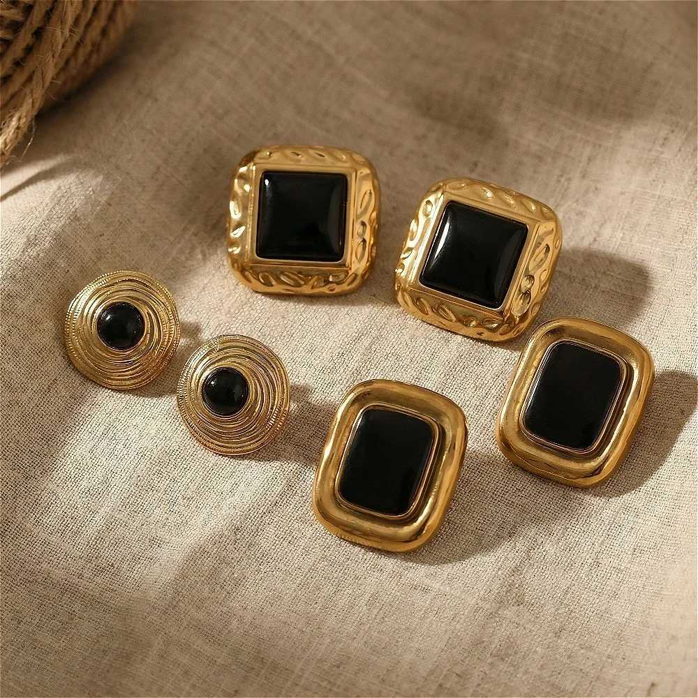 Chunky Vintage Tiger Eye Black Stone Stainless Steel Stud Earrings For Women Statement 18K Gold Plated French Autumn Jewelry H260403