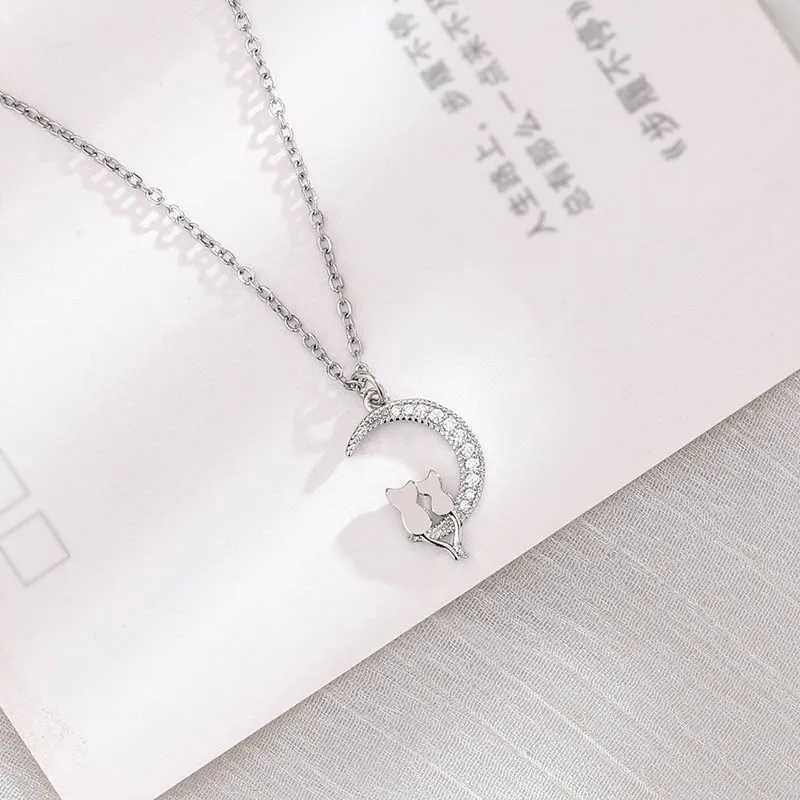 Sparkling Moon Cats Pendant Choker Necklace for Women Zircons Silver Plated Jewelry Gift for Ladies And Girls H260403