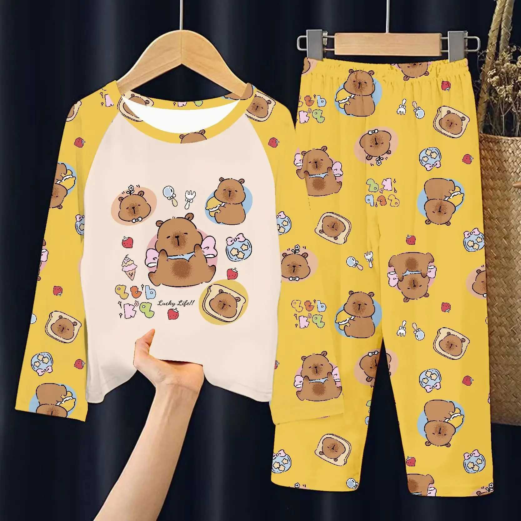 Capibara Pajamas Pants Set Kids Anime Capybara Nightgown Trousers Girls Boys Spring Autumn Home Clothes Children Long Sleeves H260403