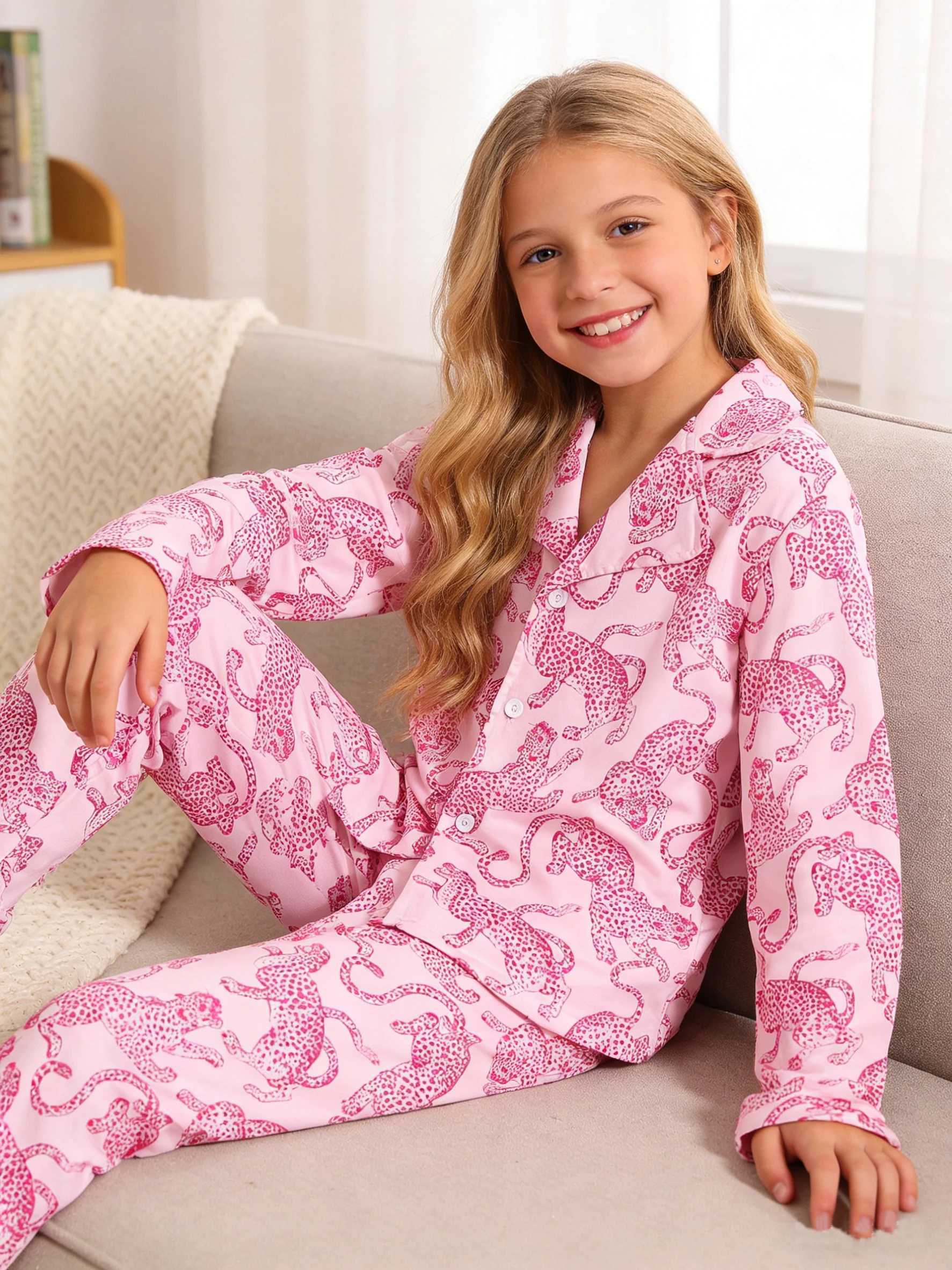 Girls long-sleeved long-pants pajamas for home wear girls leopard-print spring and autumn sleepwear party casual wear H260403