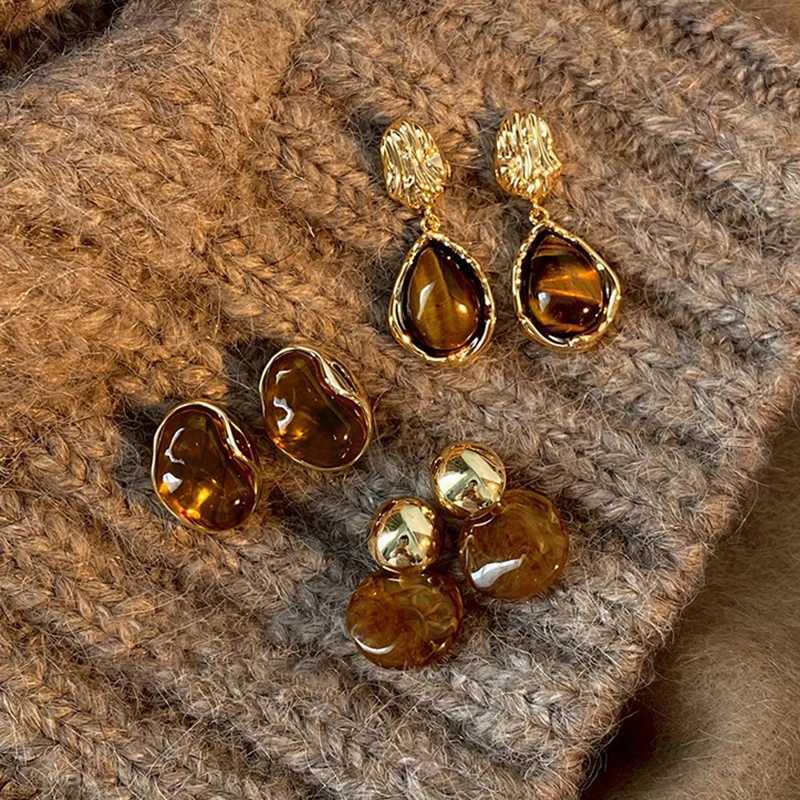 Vintage Brown Resin Tiger Eye Stone Dangle New Earrings for Women Fashion Silver Needle Earring Personality Melard Color Jewelry H260403