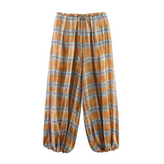 Womens Fashion Versatile Long Pants Spring Casual Loose Plaid Drawstring Balloon Bottom High Street High-Waist Lantern TrousersT260403