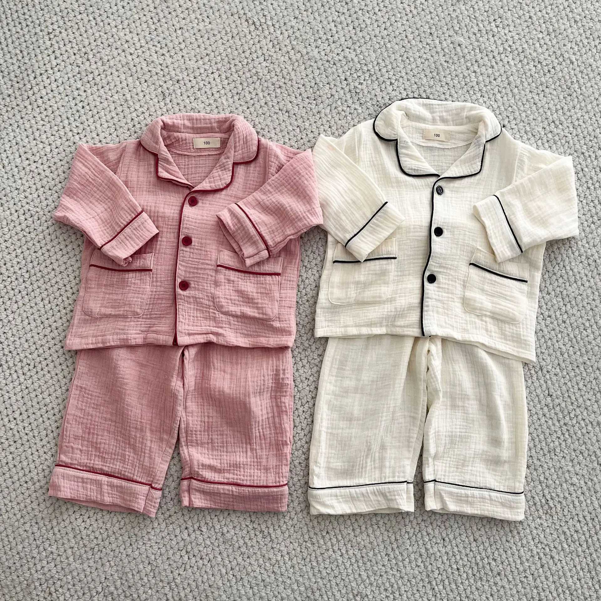 2025 New Childrens Cotton Pajamas Set Soft Loose Boys Girls Clothing Turn-down Collar Button Shirt Trousers 2 Pcs Suit Pijamas H260403