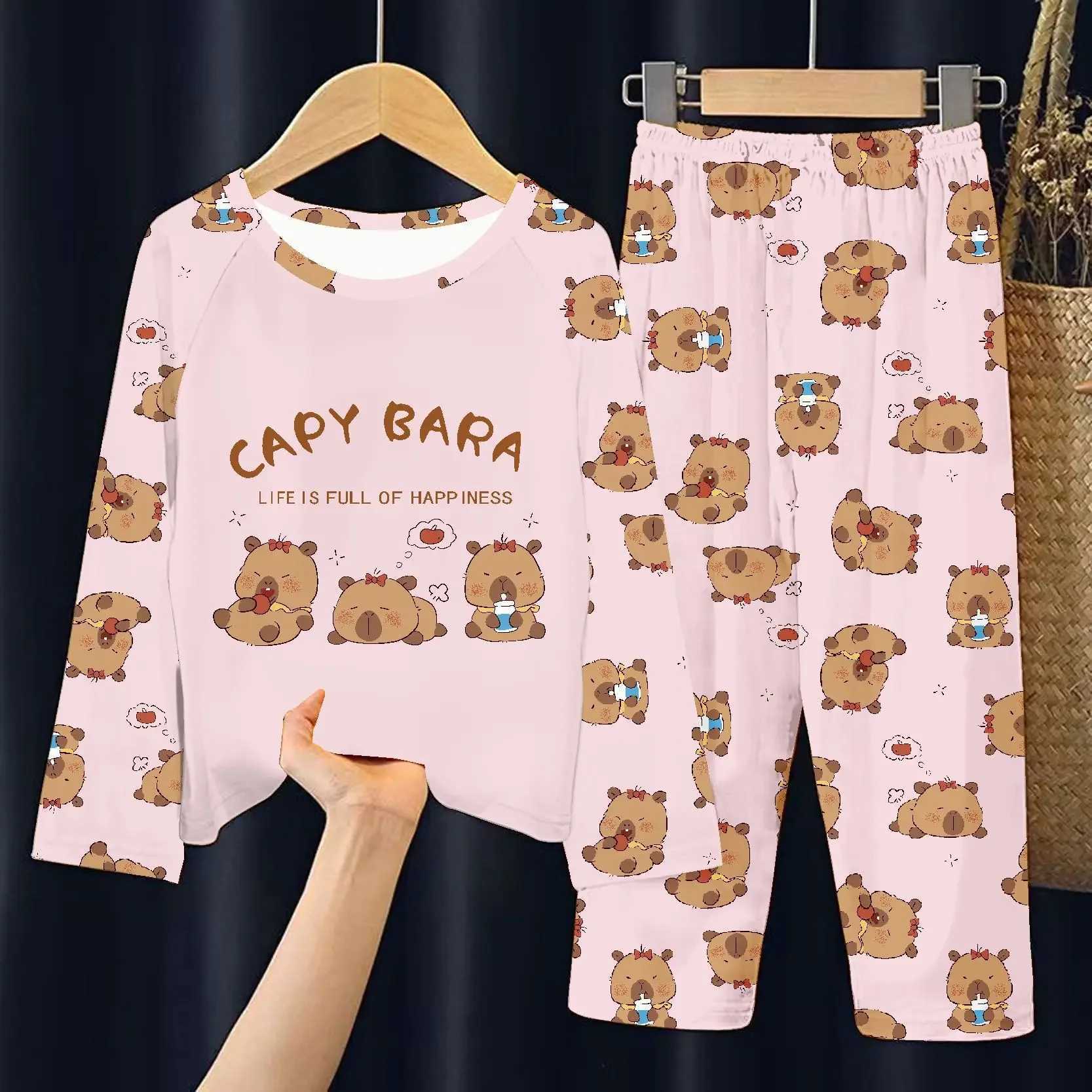 Capibara Pajamas Pants Set Kids Anime Capybara Nightgown Trousers Girls Boys Spring Autumn Home Clothes Children Long Sleeves H260403