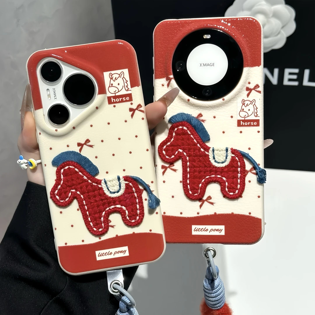 Luxury Designer 3D Embroidered Pony Phone Case Premium Red Horse Leather Texture Protective Shell For Applicable To Iphone17 High-end Fashion Accessor