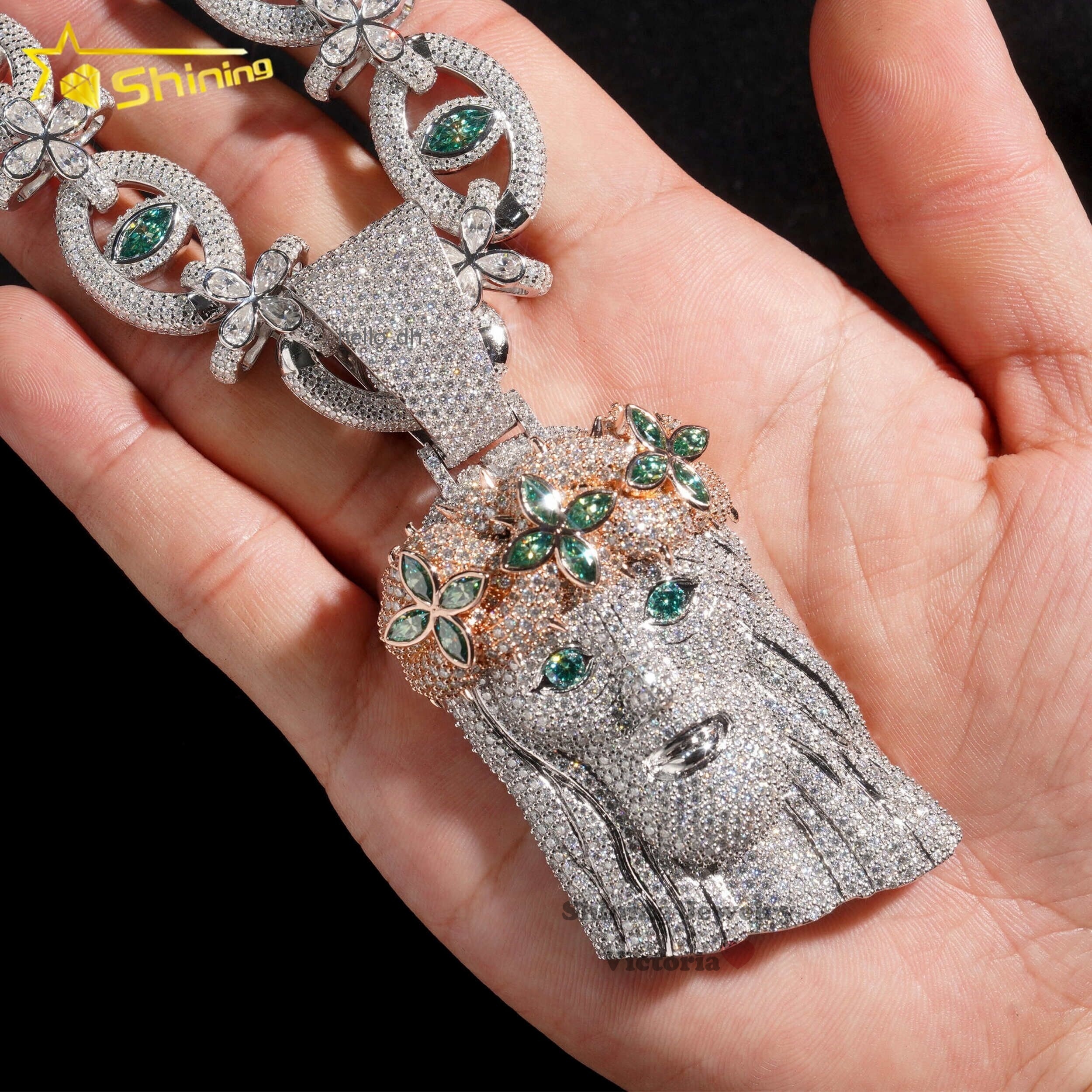 Custom Religion Hip Hop Jewelry 925 Sterling Silver Soild Vvs Green Moissanite Diamond Jesus Pendant Iced Out Enamel for Men