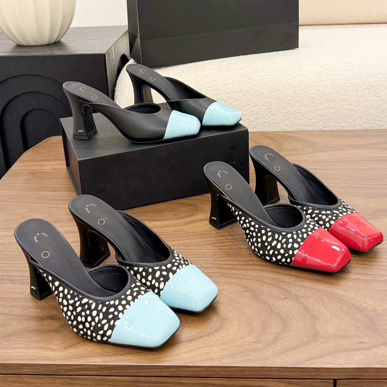 High quality High heels slides designer mules shoes womens sandal pumps leopard Patent leather dot square toes horsehair sliders sandale bridal wed dress prom shoes