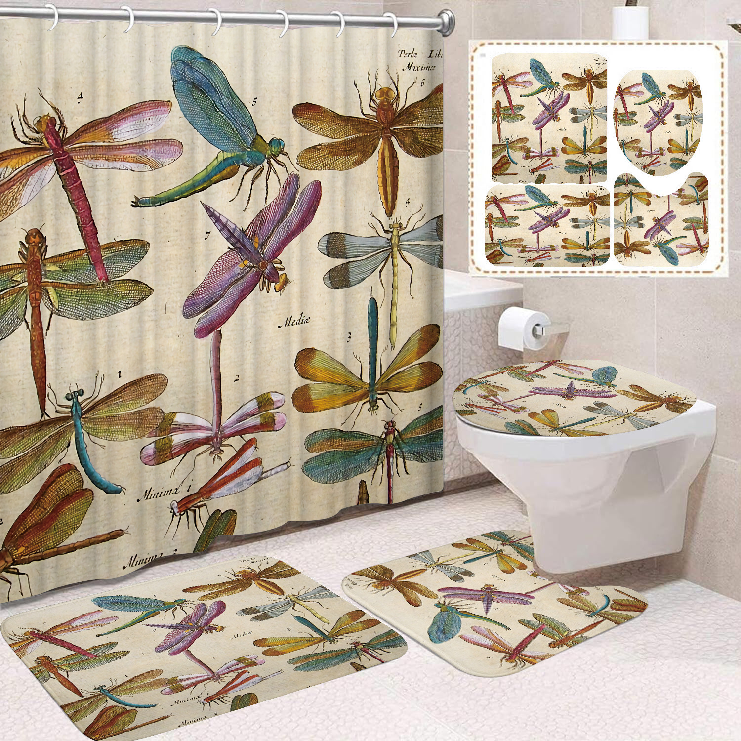 YL-38436 Home Decor Pink Butterfly and Flower Waterproof Shower Curtain Set (Four Pieces) - Factory Direct Sales