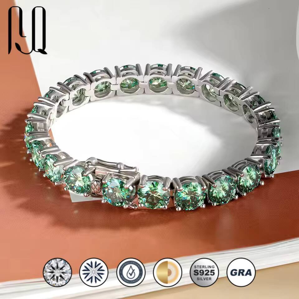 3/4/5/65mm Summer Green Moissanite Tennis Bracelet 925 Sterling Silver Rhodium Plated Round Brilliant Cut Hip Hop Style
