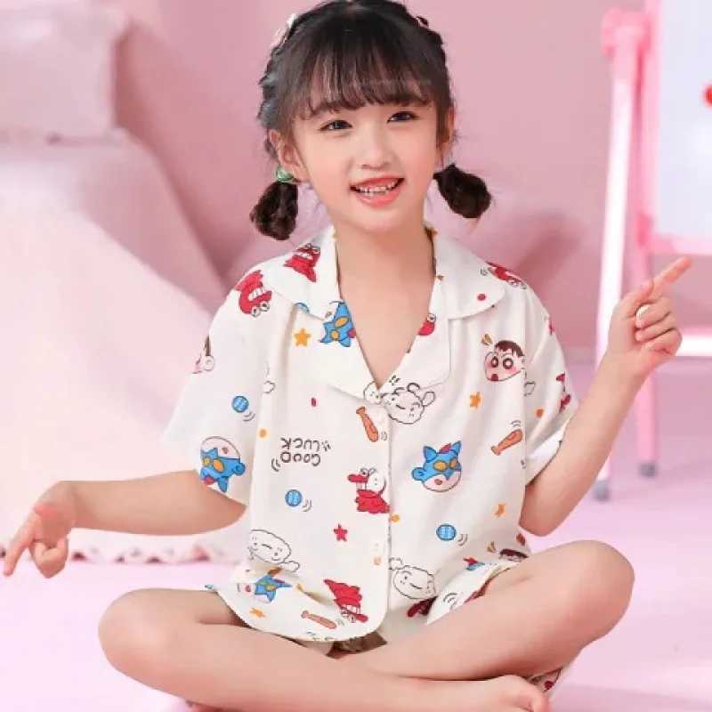 Anime Japanese Crayon Shinchan Childrens Pajamas Set Kids Cardigan Short Sleeve Sleepwear Girls Boys Homewear Pajamas Nighty H260403