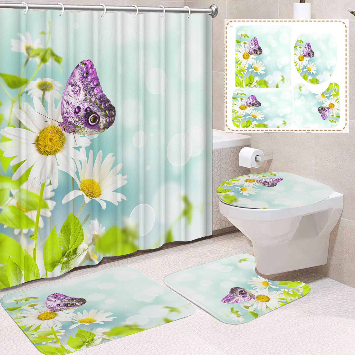 YL-38433 Home Decor Pink Butterfly and Flower Waterproof Shower Curtain Set (Four Pieces) Factory