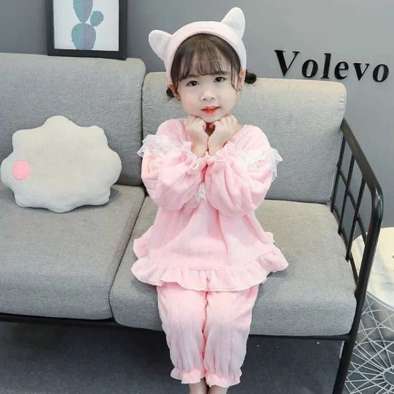 Cute Sweet Style Girls Pajamas Set Childrens Thickened Warm Long-sleeved Home Clothes Baby Girl Solid Color Pullover Pajamas H260403