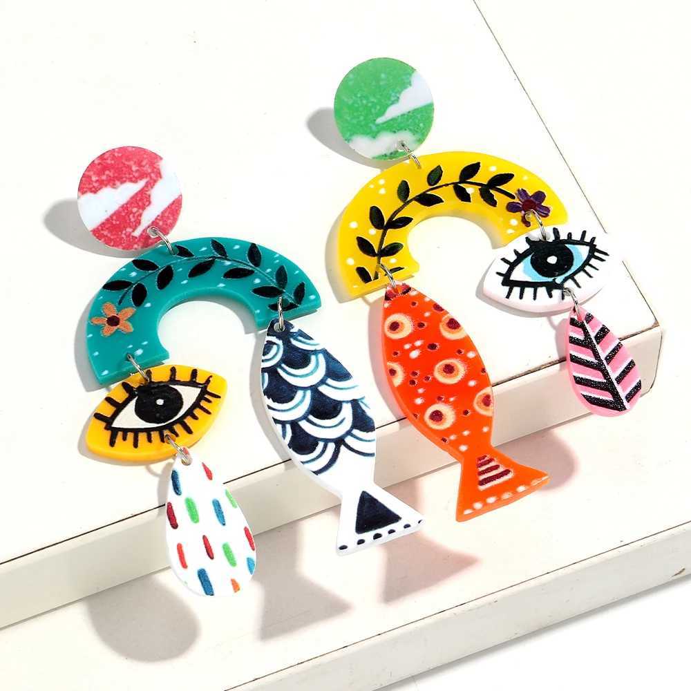 New Fish Eye Leaf Acrylic Print Long Earrings for Women Funny Colorful Irregular Geometric Hanging Earring Holiday Jewelry Gifts H260403