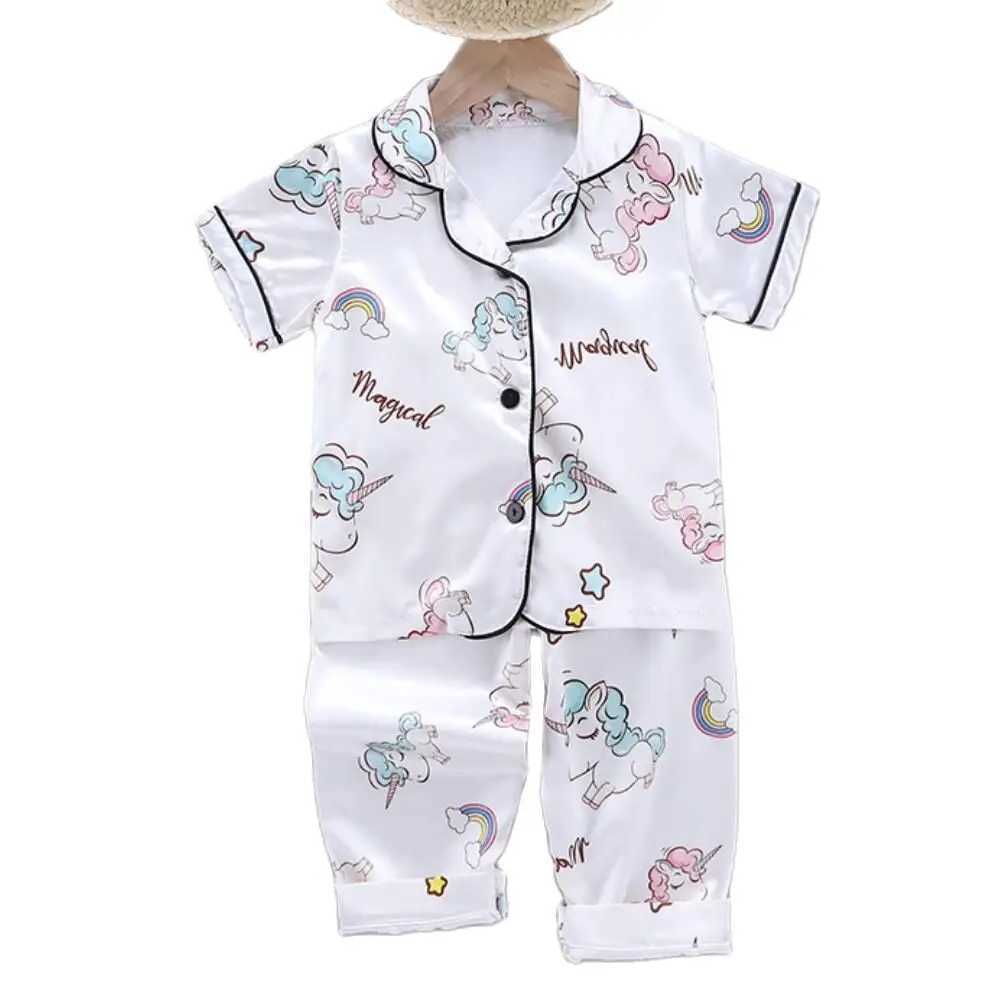 Girls Pajamas Pants Set Summer Air-Conditioned Clothing Toddler Boys Lce Silk Satin Cartoon Unicorn Nightgown 2pcs Outfit H260403