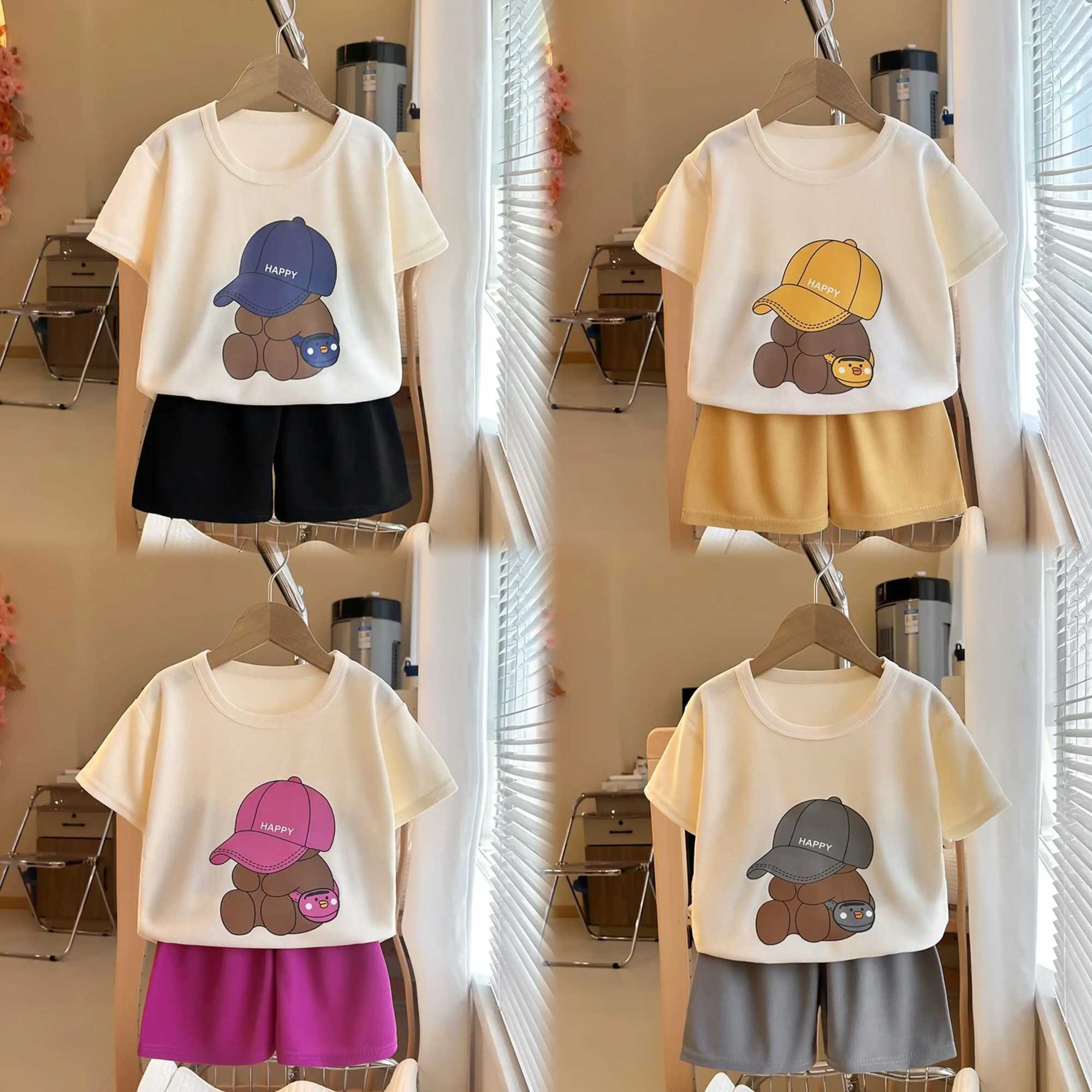 Child Short Sleeve Suits Boys And Girls Casual Tshirt Shorts 2pcs Round Neck Tees Solid Color Shorts Toddler New Costume Sets H260403