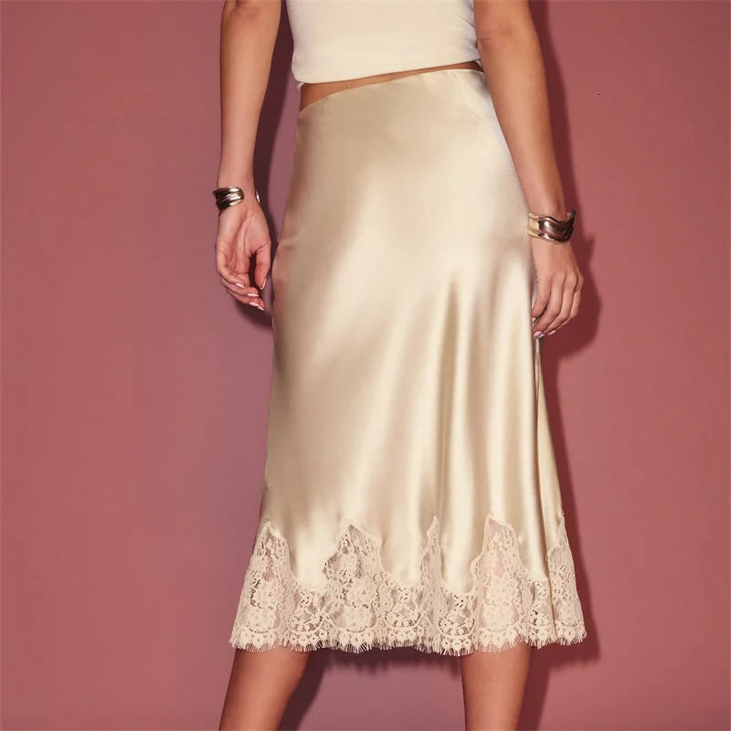 Womens Elegant Midi Skirts Summer High Waist Lace Satin Trumpet Skirt Woman Slim Korean Fashion Lace Patchwork Skirts 260403 - view 6