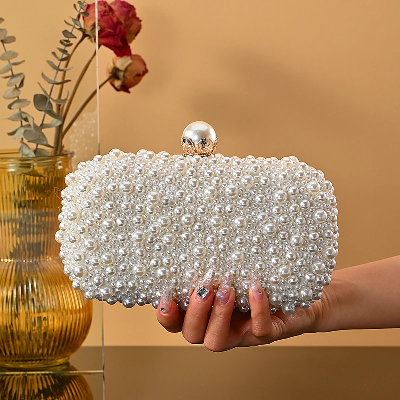 handmade wedding evening bag chain shoulder Full Beaded clutch Ladies Artificial Pearls Handbag for Wedding Party 260317