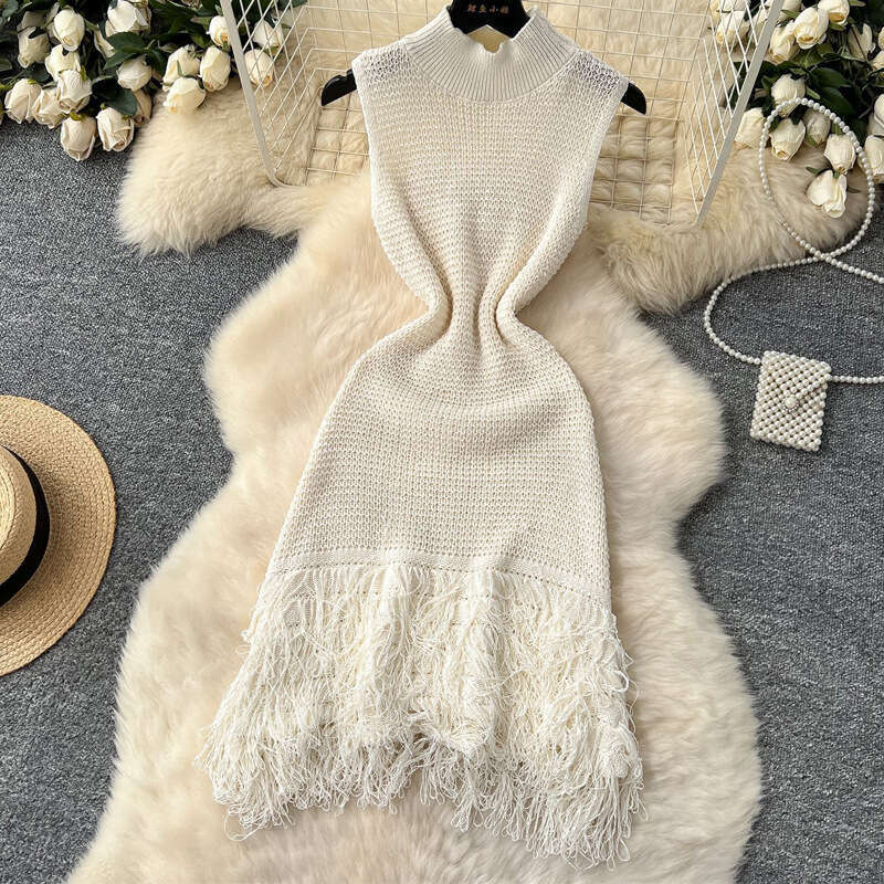European and American style summer new k30 sweater sexy sleeveless tassel short hollow patch slim knit dress 2026