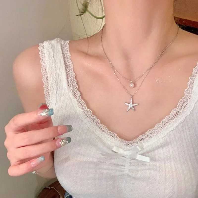 Fashion Silver Color Starfish Imitation Pearl Pendant Necklace for Women Simple Double Layered Clavicle Chain Necklace Jewelry H260403