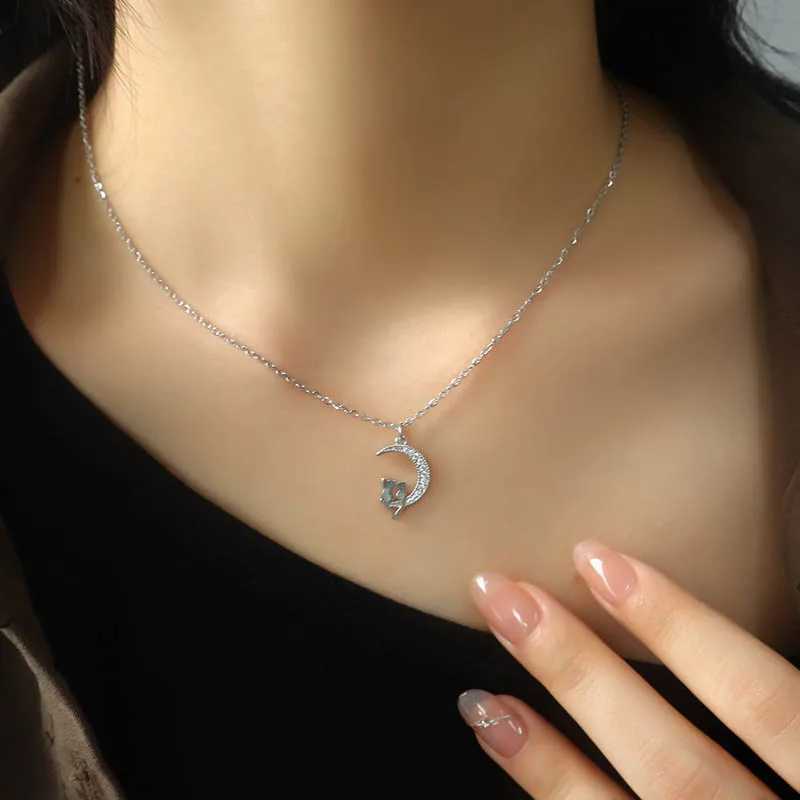 Sparkling Moon Cats Pendant Choker Necklace for Women Zircons Silver Plated Jewelry Gift for Ladies And Girls H260403