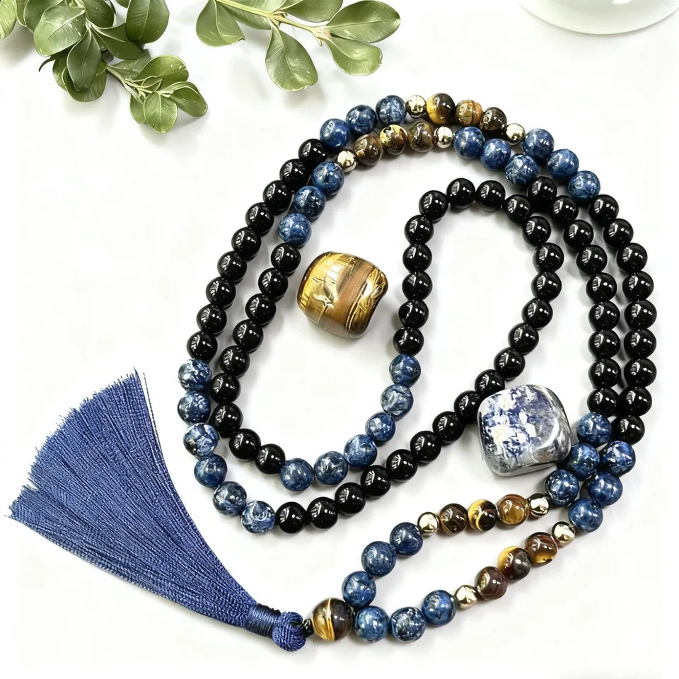 8mm Tiger Eye Stone Black Onyx 108 Mala Beads Necklace Meditation Prayer Rosary for Men and Women 260402