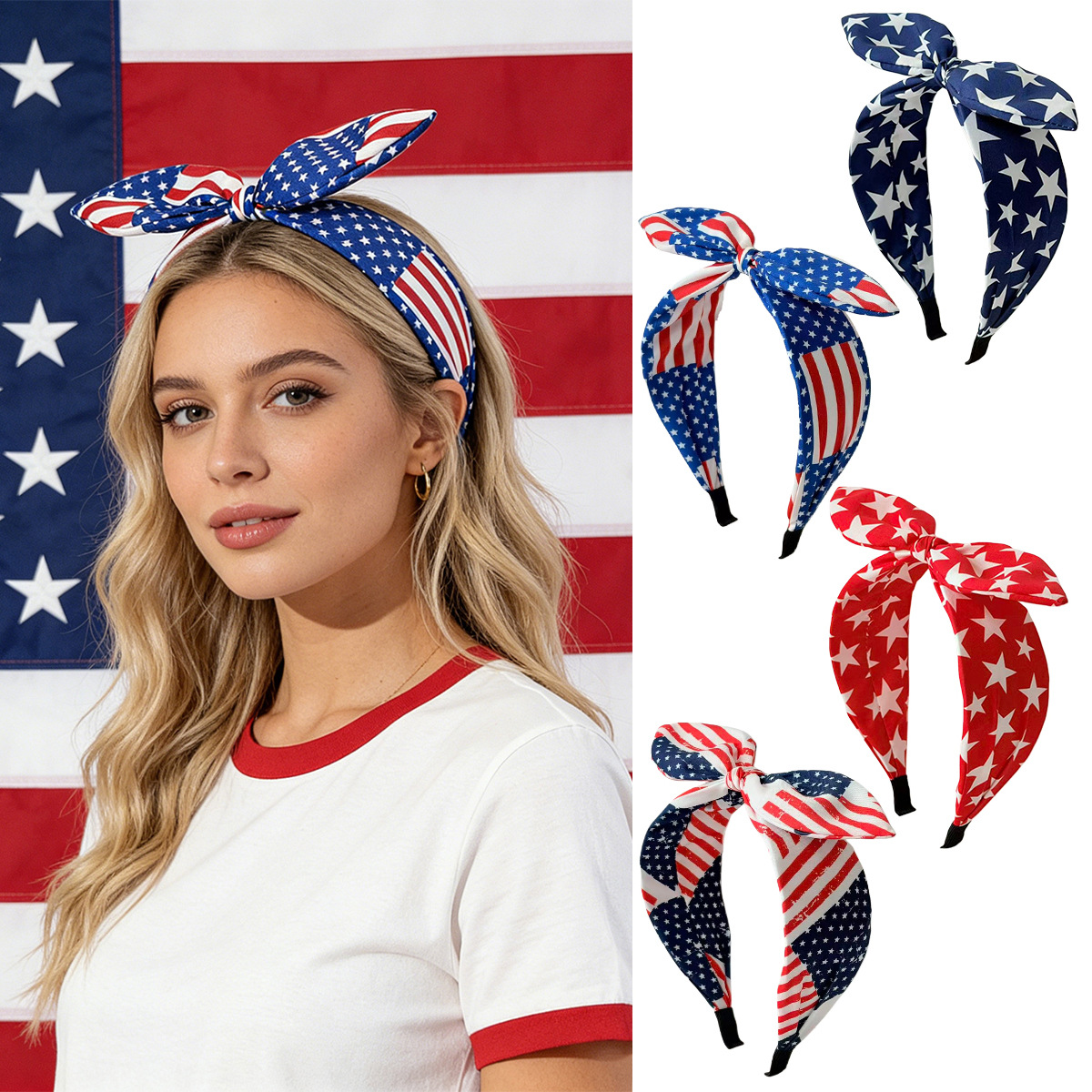 New American Flag Bow Independence Day Star Striped Rabbit Ear Headband Holiday Party Hair Accessories