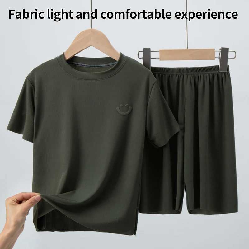 Childrens ice silk pajamas summer thin short sleeved shorts 2-piece set of big boys and girls home clothing set H260403