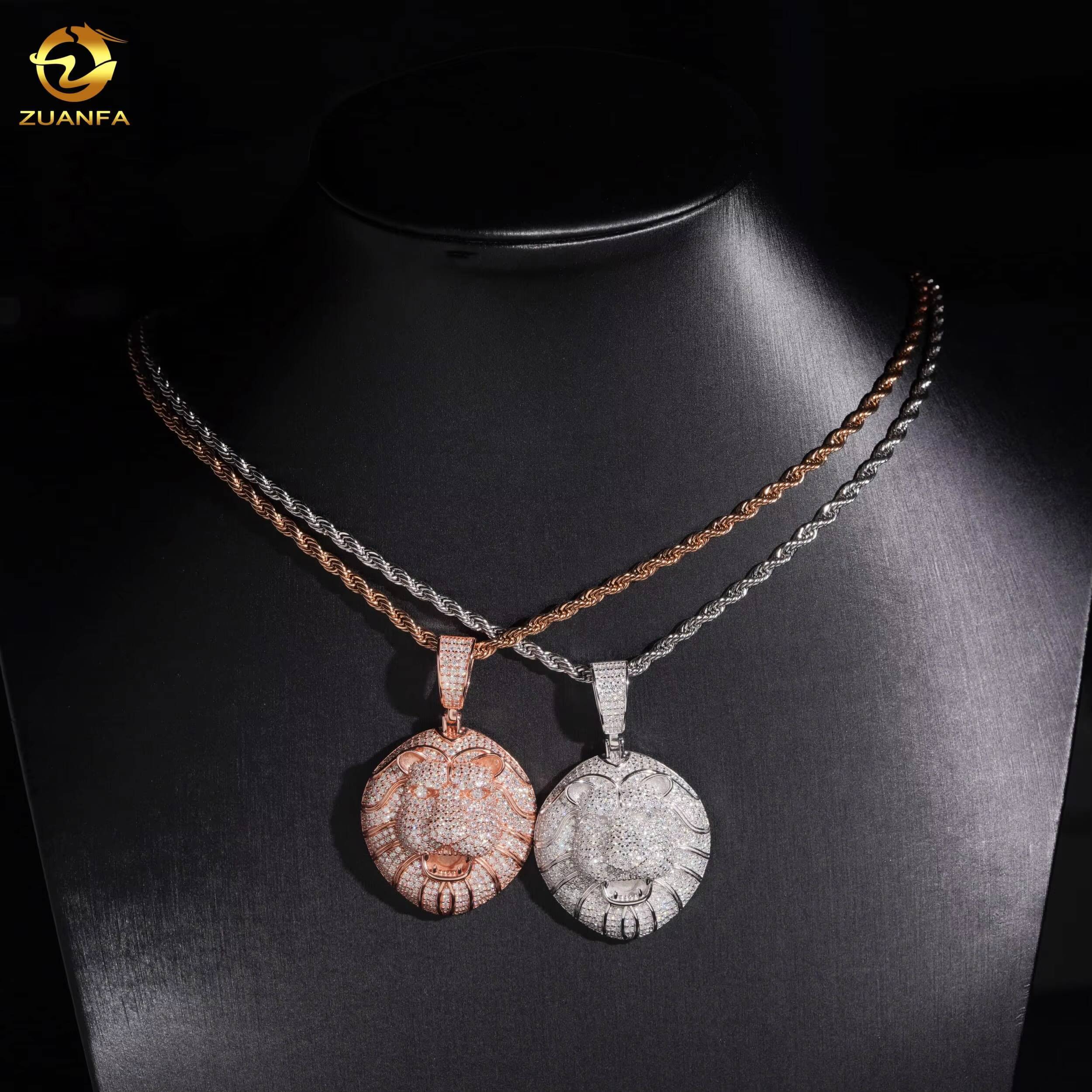 New Arrivals Hip Hop 3D Lion Head Pendant Iced Out VVS Moissanite S925 Sterling Silver Rose Gold Rapper Charm Icy Bling Necklace For Men With GRA Cert