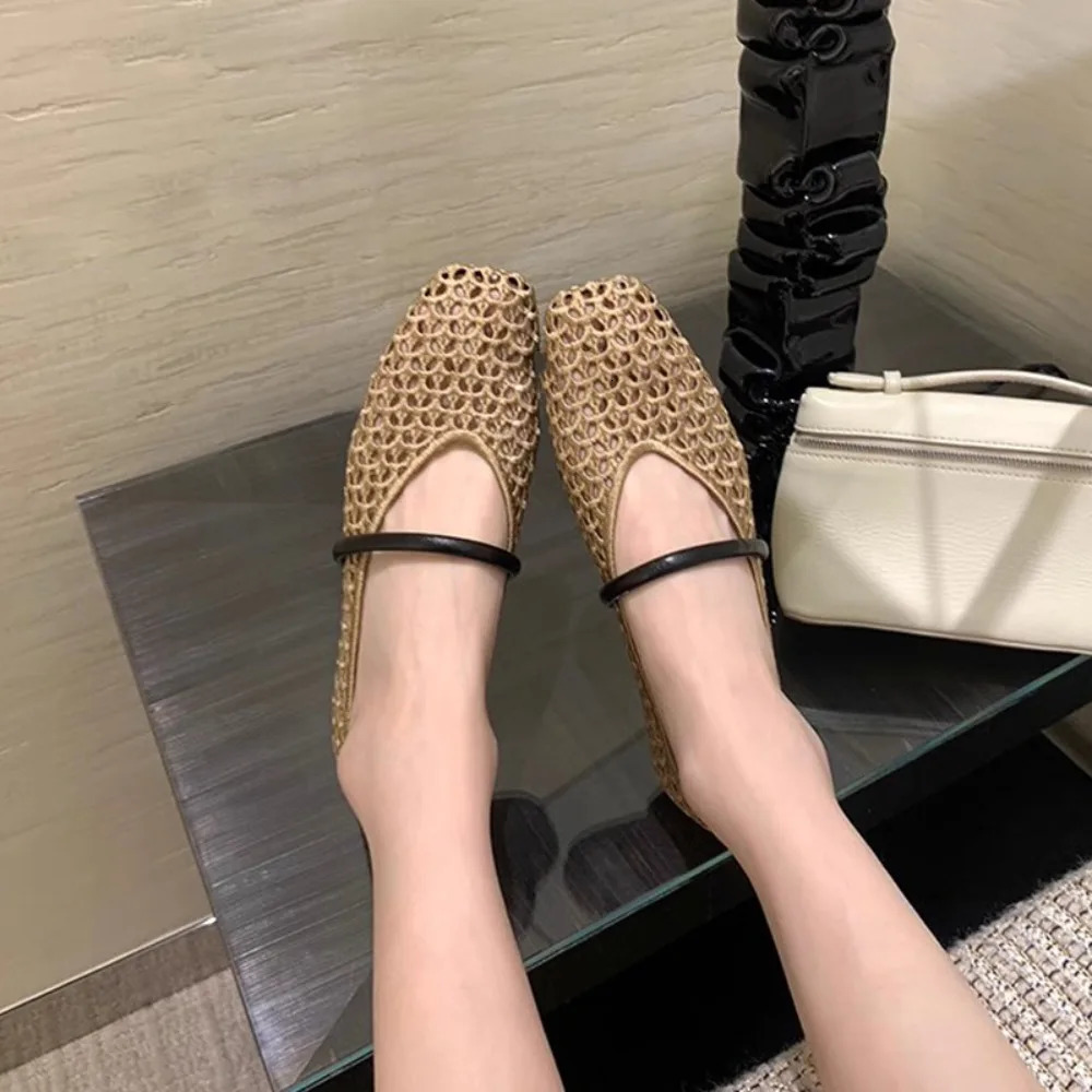 Square Head Hollow Woven Casual Comfortable Womens Flat Shoes Cut-out Mary Jane Single-layer Shoes Fishnet Shoes 260402