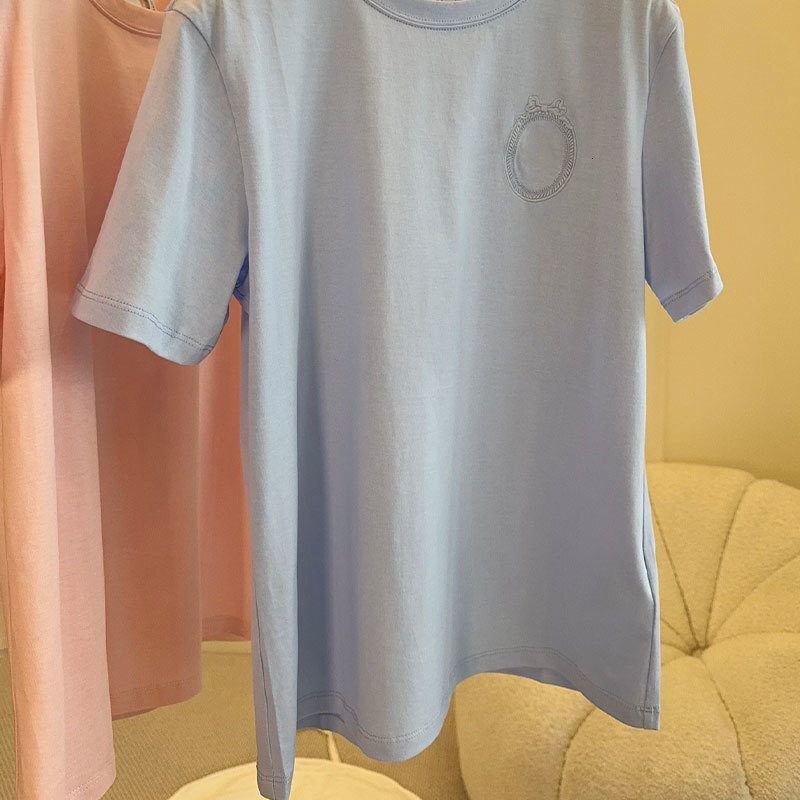 Ladies Spring Summer New Cotton T-shirt Designer Vintage Luxury Crewneck Embroidered Top Blue Pink Classic Runway Oversized Chic Casual Wear For Women