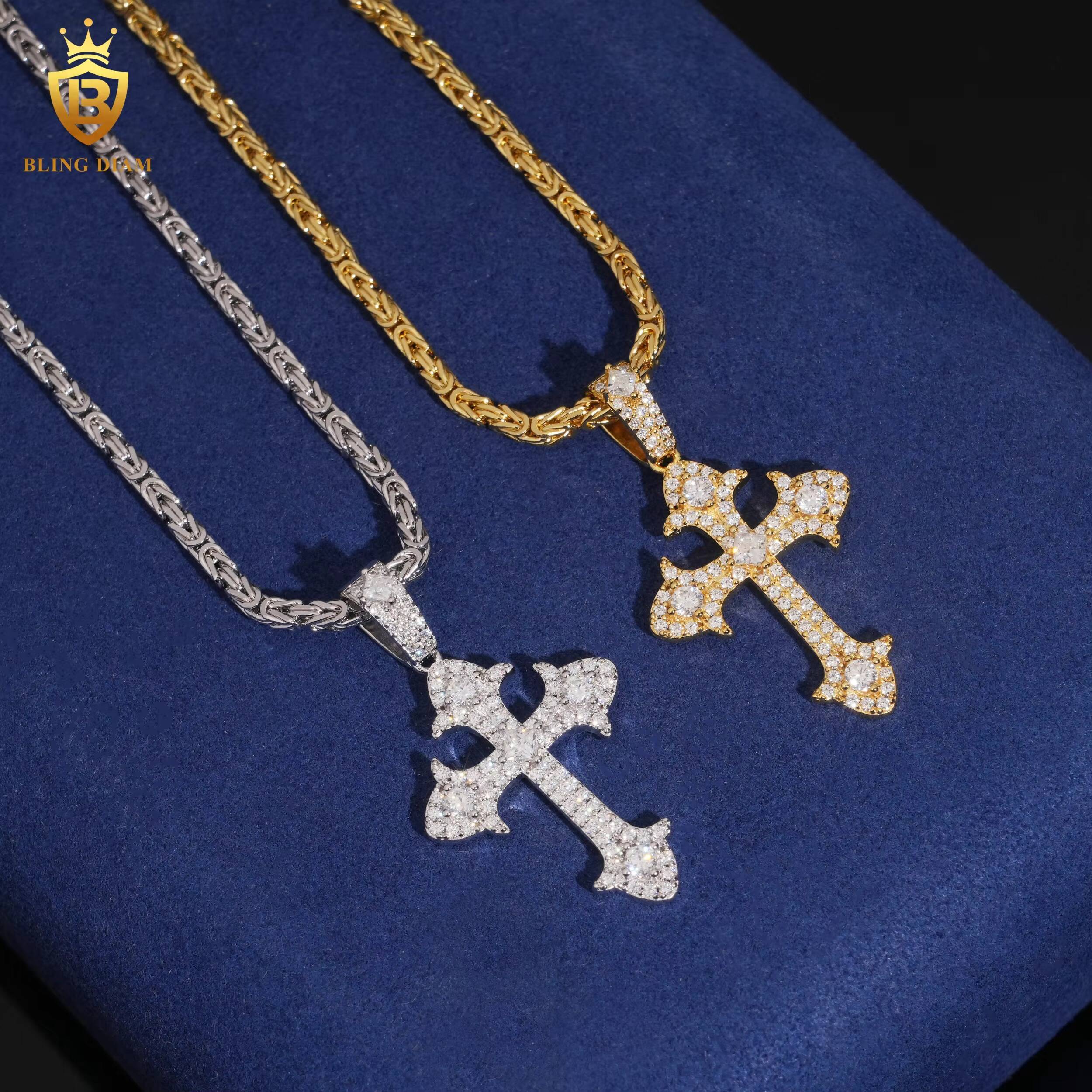 USA Stock Hiphop Cross Pendant Charms Round Brilliant Moissanite Pendant 925 Silver Gold Plated GRA Certified Moissanite Pendant