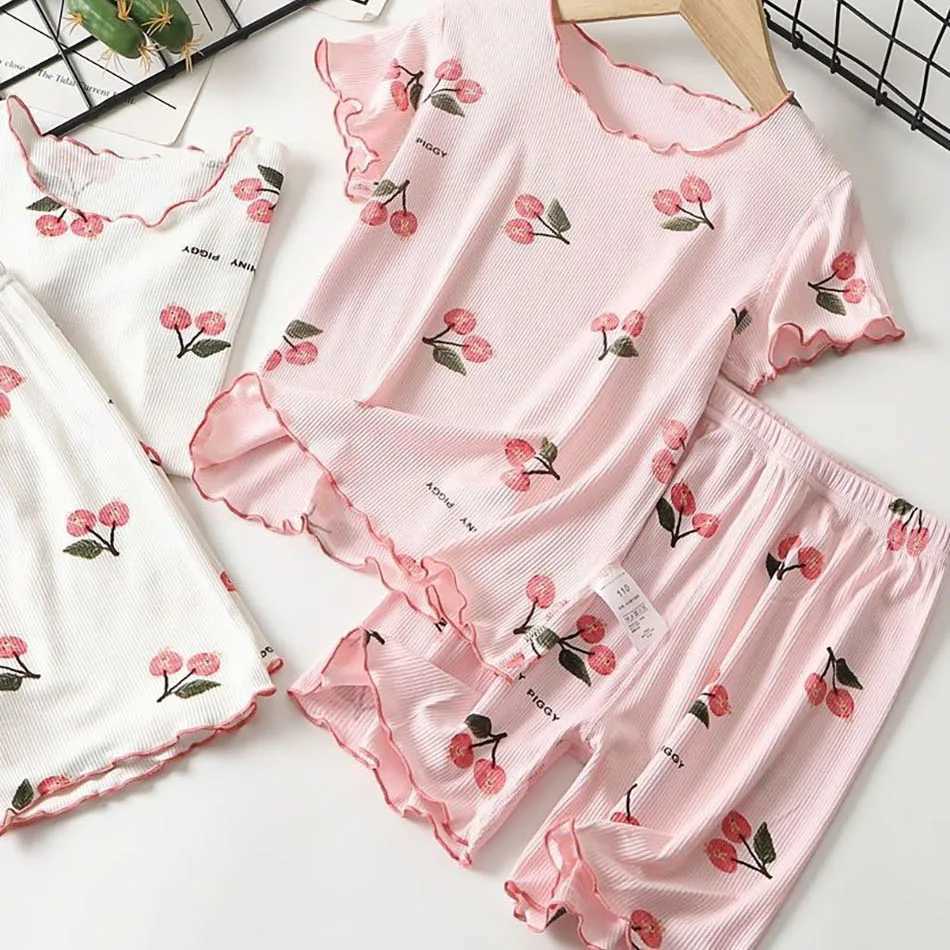 Girls Summer Pajama Set Cherry Blossom Print 4-Way Stretch Shorts Tee Breathable Modal Blend for Bedtime and Playtime for 1-8Y H260403