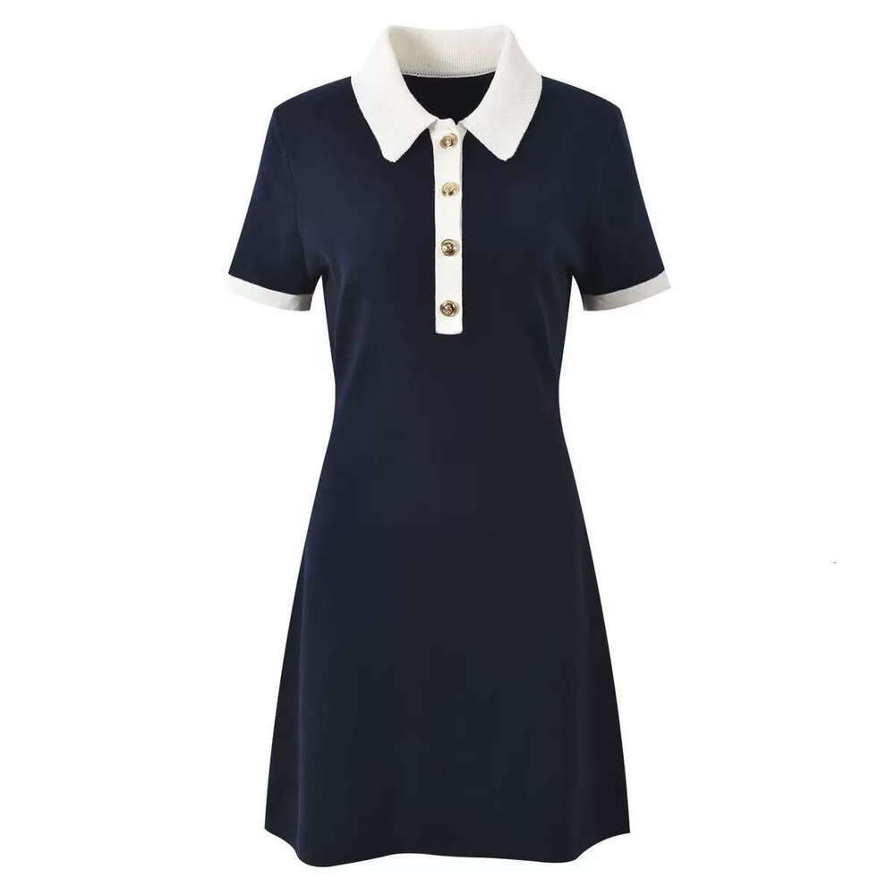 Spring new women's k30 designer French commuting color blocked collared short sleeved pullover sweater slim fit women's knitted short skirt