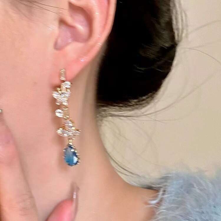 Autumn Winter Blue Water Drop Butterfly Super Fairy High-End Full Diamond Long Earrings Elegant Socialite Style Light Luxury Ear Jewelry