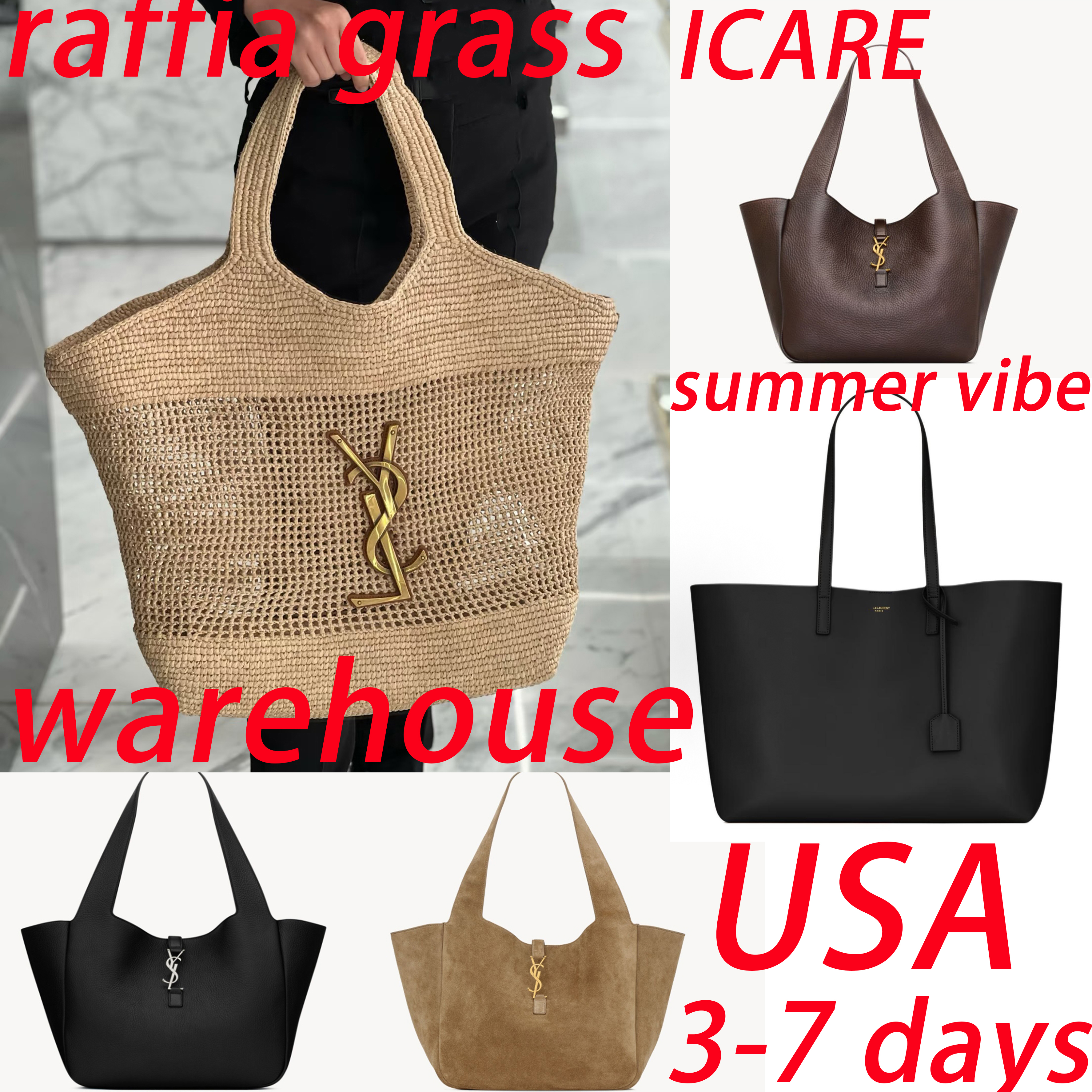 1:1 ysl bag 12A tote bag Summer beach bag Designer Bags 2026 Trends Shoulder Handbag Purse Ladies raffia grass icare Crossbody Bag High quality genuine leather bag