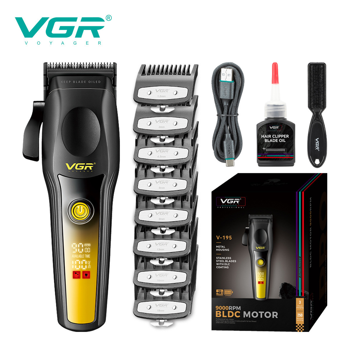 VGR195 Electric Metal Hair Clipper Professional High-Speed Brushless Motor 9000RPM Digital Display Hair Trimmer 260207
