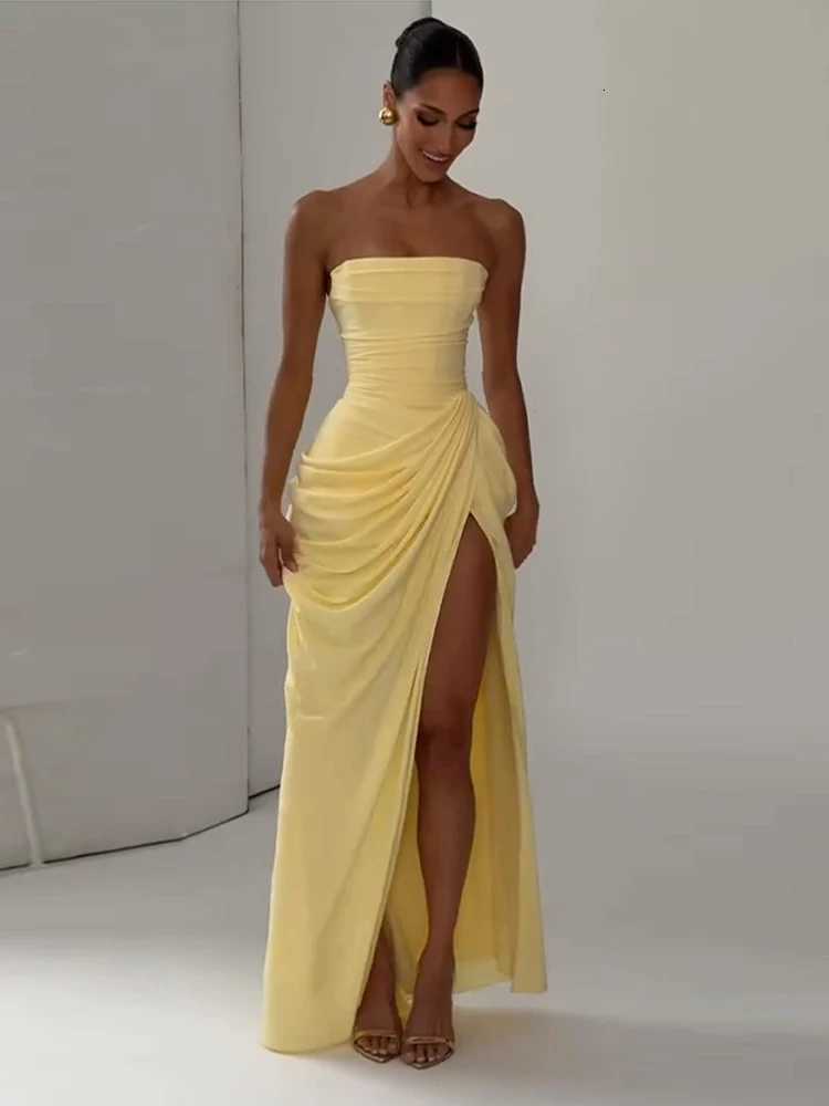 Sexy Solid Pleated Strapless Dress Lady Chic Off-shoulder Backless High Waist Split Dresses Women 2026 New Evening Party Gown H260402